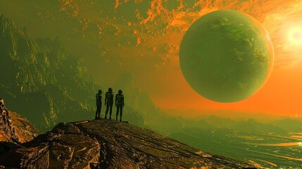 The image shows three astronauts on a rocky moon looking at a large green planet.