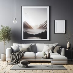Wall Mural - A living room style interior set design with a mockup poster empty white and with a couch and a picture on the wall Vibrant unique professional.