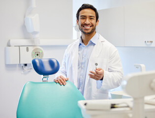 Poster - Dentist, portrait and mouth mirror in clinic for consultation, oral hygiene or medical procedure. Service, smile and man doctor with equipment for teeth examination, orthodontics or dental care