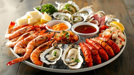 Canvas Print - seafood platter on a wooden table accompanied by a lemon and a white bowl