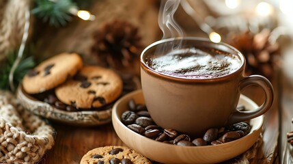 Wall Mural - steaming coffee and cookies on a wooden table, with a brown bowl and handle in the background