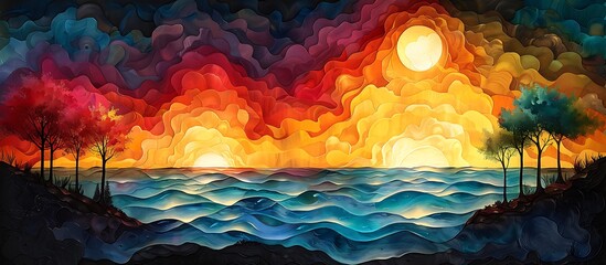 Wall Mural - sunset in the sea painting