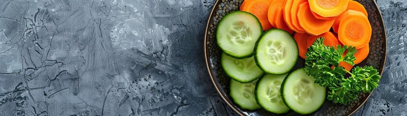 Wall Mural - A zen-like setting with a plate of cut cucumbers and carrots, centered on a stone coaster, the composition inviting simplicity and freshness, wide space for copy on one side.