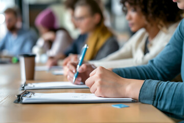 Close-up shot of individuals taking notes during a meeting.