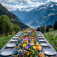 Wall Mural - Photo of a long grey table with colorful flowers in front 