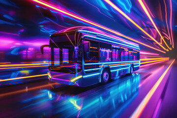 Wall Mural - A futuristic bus speeds through a vibrant, neon-lit cityscape, conveying a sense of modern public transport.