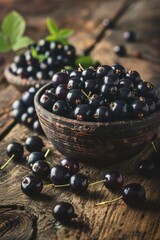 Wall Mural - Blackcurrant berries spilling from bowl onto rustic wooden background