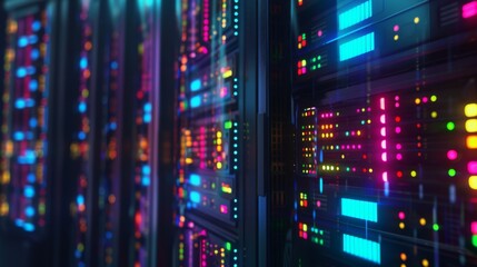 Wall Mural - Close-up view of futuristic server racks with vibrant LED lights, showcasing modern data center technology and network infrastructure.