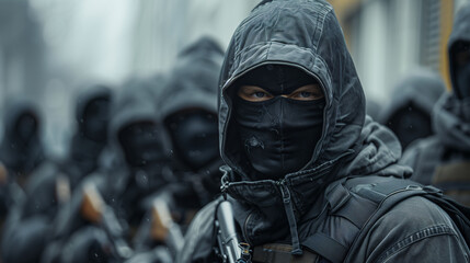 A group of masked and hooded individuals dressed in tactical gear, standing in formation. The image has a serious and intense atmosphere, suggesting a military or paramilitary operation.