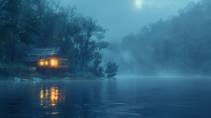 Wall Mural - A serene lakeside cabin illuminated at night with a misty forest in the background. The calm water reflects the warm light from the cabin, creating a peaceful and tranquil atmosphere.