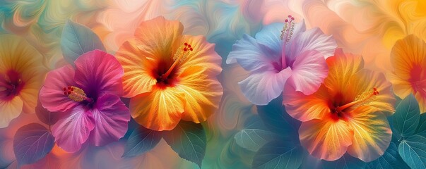 Bright hibiscus flowers with green leaves on a colorful abstract background. Floral art and tropical nature concept for design and print. Floral banner La Feria de las Flores.