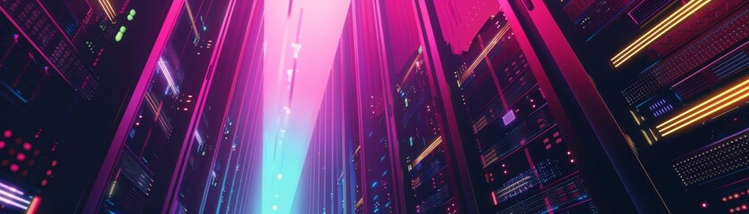 Wall Mural - Futuristic data center with vibrant neon colors and advanced technology, illustrating modern digital infrastructure and cyber security.