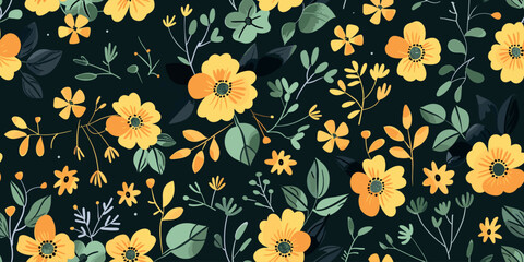 Wall Mural - Seamless floral pattern with yellow flowers and leaves on dark green background. Abstract trendy spring, summer dress print. Beautiful multicolored motif. Hand drawn wildflowers flat illustration