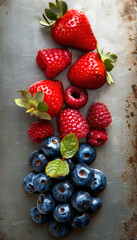 Poster - A colourful mix of blueberries, raspberries, and blackberries arranged in line on a rustic background. The vibrant berries and green leaves create a fresh and healthy visual appeal