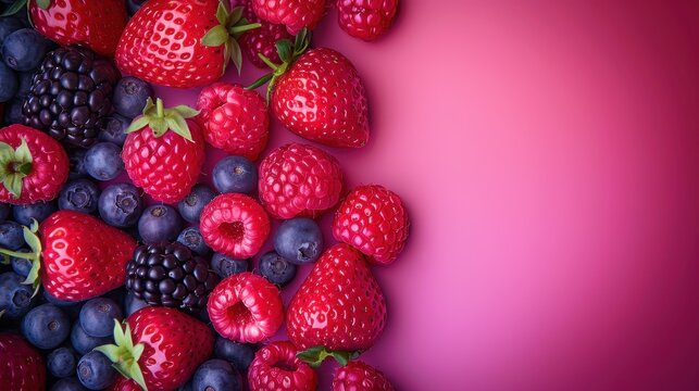 Assorted berries including strawberries, raspberries, blackberries, and blueberries on a pink background. Perfect for healthy eating or summer fruit content.