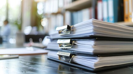 Closeup office desk with work papers and document background