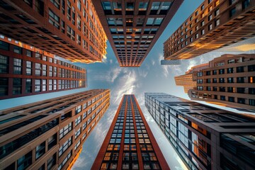 Wall Mural - Low angle view of modern skyscrapers against a blue sky with clouds, showcasing urban architecture and symmetry in a cityscape.
