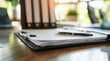 Closeup office desk with work papers and document background