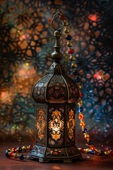 Wall Mural - Celebration of islamic eid mubarak and eid al adha lantern with prayer beads 