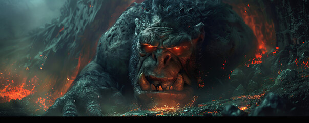 A troll lurking in a dark cave, its eyes glowing with an evil red light.