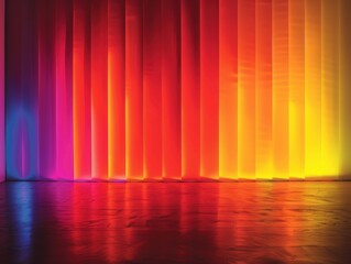 Wall Mural - A striking scene with vibrant neon lights casting a spectrum of colours on vertical panels, creating a glowing, atmospheric backdrop perfect for modern design or stage settings.