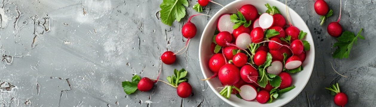 chopped ripe red radishes in a white bowl.