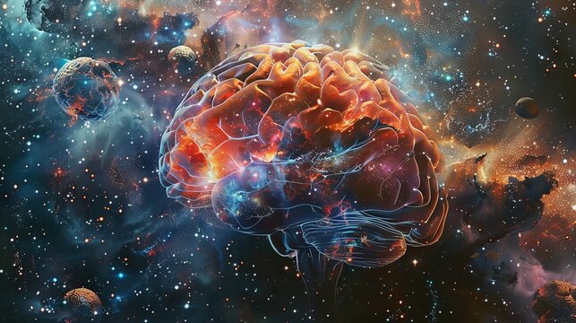 Stunning digital art of a glowing brain surrounded by cosmic elements, representing the connection between mind and universe.