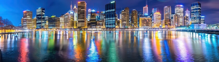Wall Mural - Cityscape at night with illuminated buildings and river reflections 