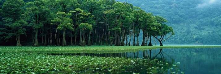 Wall Mural - A still lake reflecting the surrounding lush green forest in a serene natural setting