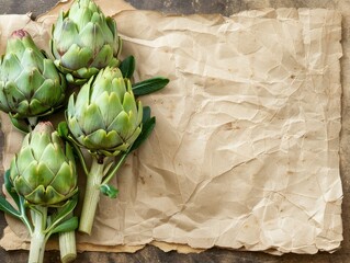 Wall Mural - Fresh green artichokes placed on an aged parchment background. Suitable for rustic food blogs, traditional recipes, or vintage culinary content.