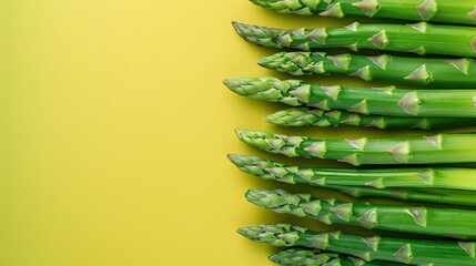 Poster - Fresh asparagus spears aligned on a yellow background with space for text. Ideal for food and culinary themes.