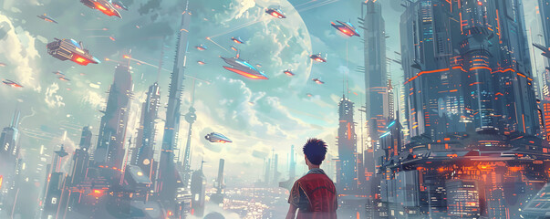 Wall Mural - An artist creating a digital illustration of a futuristic cityscape, complete with flying cars and towering skyscrapers.