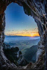 Wall Mural - View from inside of cave, mountain landscape in the distance 