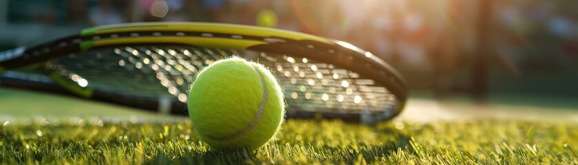 a tennis ball and racket on a grass tennis court