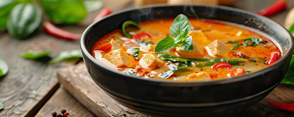 A steaming bowl of aromatic Thai curry, its vibrant colors and tantalizing aroma promising a culinary adventure, inviting a taste of exotic flavors.