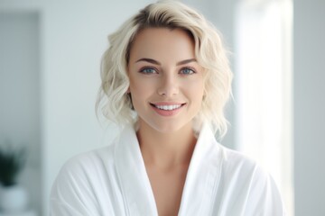 Happy charming young blonde woman in a white bathrobe health care concept skin beauty