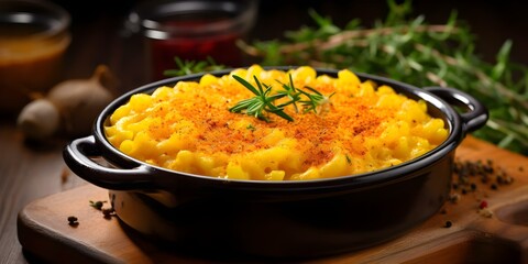 Wall Mural - Baked Cheddar Macaroni An American Classic Mac and Cheese. Concept Comfort Food, Cheesy Goodness, American Cuisine, Pasta Perfection, Family Favorite