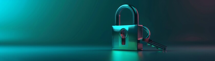 Metallic padlock with key in mysterious lighting. Depicts security, privacy, and protection concepts against a teal background.