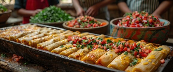 Wall Mural - A Heartfelt Collage Captured Tamales Being Served At A Family Gathering, Emphasizing The Joy And Warmth Of Shared Meals