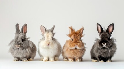 Fluffy rabbits striking different poses, highlighting their soft fur and expressive faces on a white backdrop