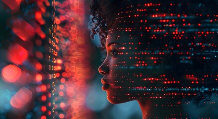 A woman with computer code glow, digital art symbolizing AI technology dual role, AI cyber security threat illustration concept and female IT expert analyzing information technology.