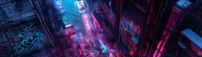Wall Mural - Vibrant cyberpunk cityscape with neon lights and graffiti, depicting a futuristic urban scene with a moody, atmospheric ambiance.