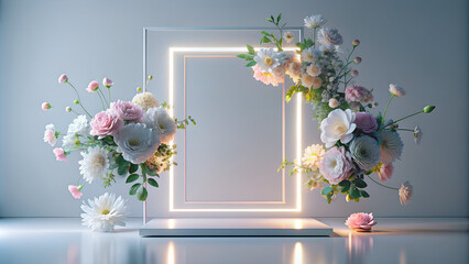 3d stage, neon light  flowers, floral purple illustration, AI generated