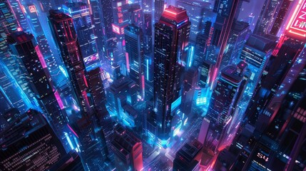 Wall Mural - Vibrant futuristic cityscape with colorful neon lights illuminating skyscrapers and streets. A bustling, high-tech metropolis at night.