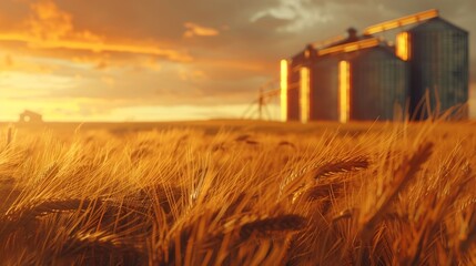Harvest time  golden wheat field video with ripened crops and silos in realistic setting