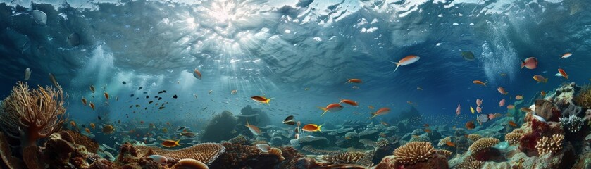 Wall Mural - Vibrant underwater panorama showcasing diverse coral reefs and colorful marine life under natural sunlight in the clear blue ocean.