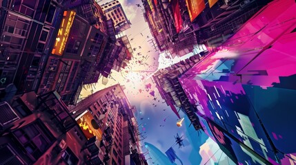 Wall Mural - Vibrant urban city street scene from a low angle, featuring towering buildings with colorful, futuristic light displays against a twilight sky.