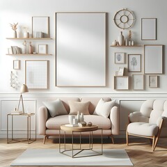 Canvas Print - A living room style interior set design with a mockup poster empty white and with a couch and a coffee table Vibrant Vibrant creative professional.