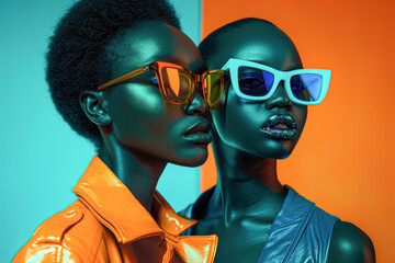 Wall Mural - Black Models in High-End Sunglasses Magazine Advertisement with Orange and Teal