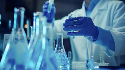 Soft focus of scientist in a lab coat and gloves carefully handles test tubes and beakers filled with blue liquid, representing meticulous scientific research.